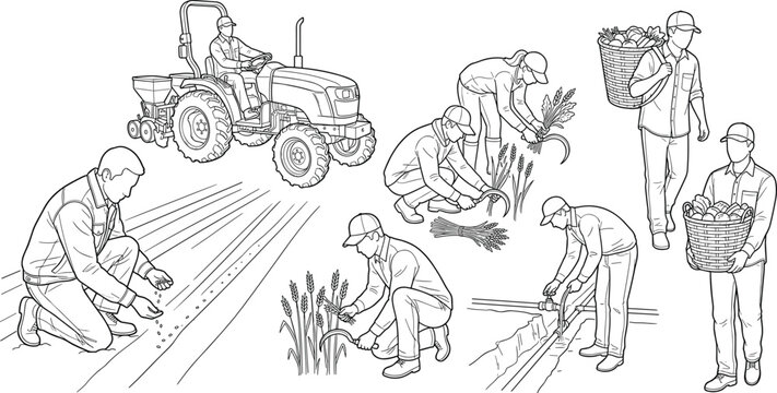 Set of hand drawn farming and agricultural scenes featuring harvest, planting, irrigation, and field work
