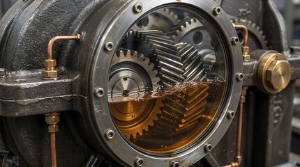 Fototapeta premium Industrial Gearbox with Gears in Lubricant Oil Inside Close Up