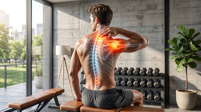 Man with Back and Shoulder Pain Anatomy Visualization in Gym