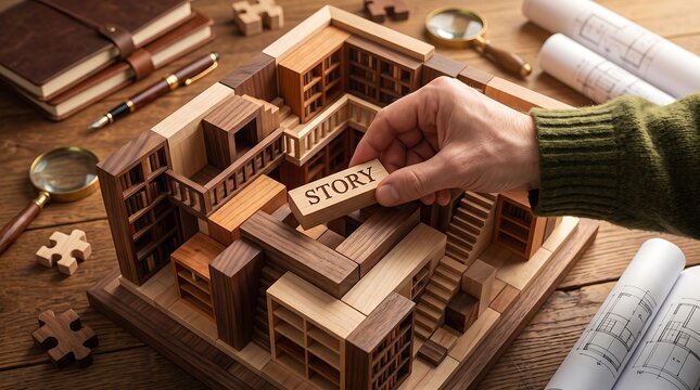 Hand placing story word block into wooden library maze model