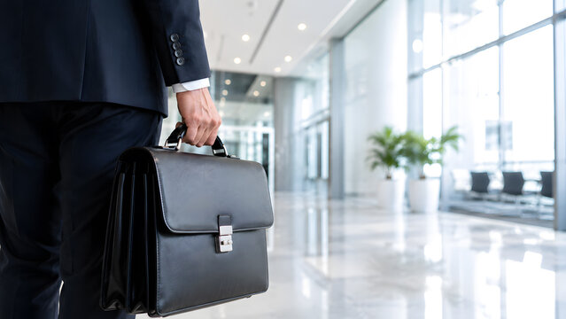 Businessman holding briefcase in modern office corridor.