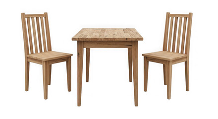 Fototapeta premium Wooden dining table set with two chairs isolated on transparent background.