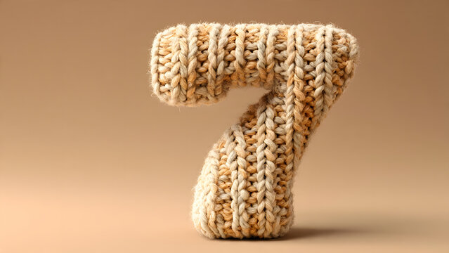 Knitted number seven on a neutral beige background
