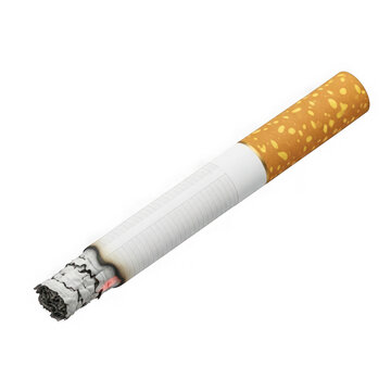 Burning cigarette with filter isolated on simple clean transparent surface.