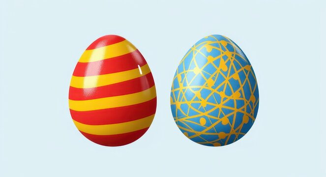 Two glossy decorated eggs on pale background, one red with yellow curved stripes and one blue with yellow abstract scribble pattern, bright cheerful festive mood