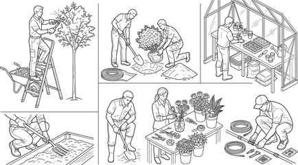 Obraz premium Set of hand-drawn gardening and landscaping scenes featuring professional plant care and floral design activities