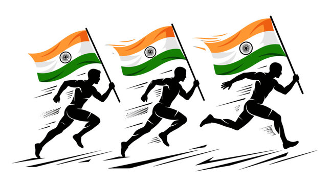 Indian athletes running with national flags.