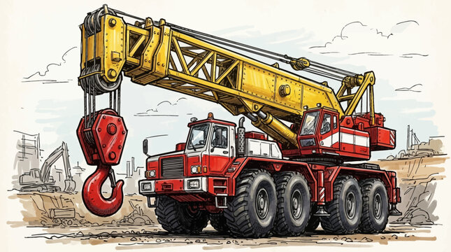 A large yellow and red crane lifting a hook on a construction site with heavy machinery