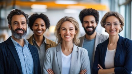 Fototapeta premium Five business professionals standing in a modern office with arms crossed and blurred faces, conveying confidence, determination and team solidarity