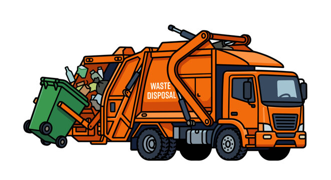 Orange garbage truck emptying a green trash bin into the compactor