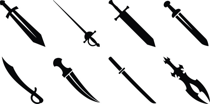 Black Silhouette Collection of Swords and Daggers in Various Historical and Fantasy Styles
