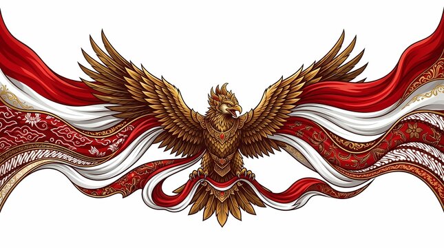 Garuda Indonesia eagle with red and white batik fabric waves.