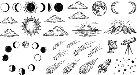 Set of celestial and astronomical hand-drawn vector illustrations featuring moon phases sun clouds stars comets telescope rocket celestial astronomy telescope universe illustration outlines © Kanon Islam