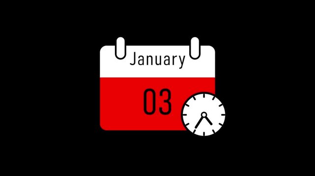 Minimalist january calendar with red background and white clock 03 day highlighted