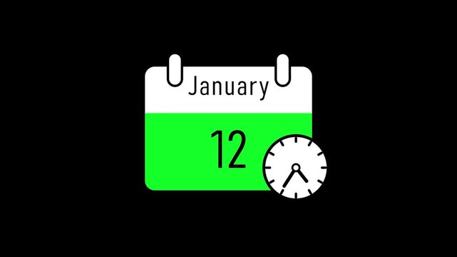 Minimalist calendar january 12th with clock time 12 oclock in flat style