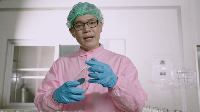 Professional Asian man inspector engineer in uniform standing holding an empty glass beverage bottle on a conveyor belt with explaining how to inspection by video call in the factory production line. 