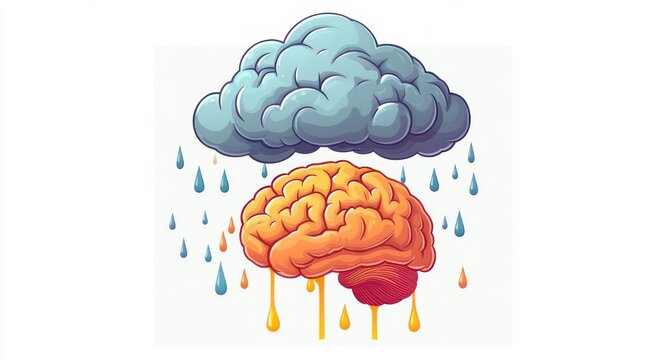 blue-gray storm cloud raining over an orange brain that drips like melting wax, conveying overwhelm, sadness and mental exhaustion