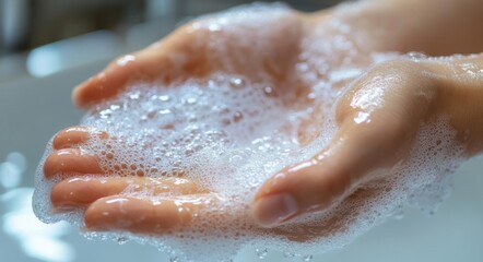 Fototapeta premium close-up of gentle cupped hands holding foamy soap bubbles and water in soft light, conveying cleanliness and caring