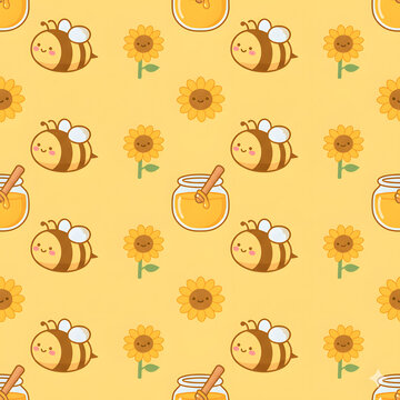 seamless pattern of chubby cartoon honeybees with rosy cheeks