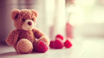 Fototapeta premium Soft brown plush toy sits beside bright red berries with a light background