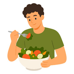 Young man eating healthy salad vector illustration