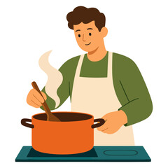 Young man cooking food in pot vector illustration