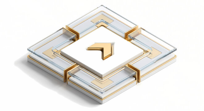 Automation Workflow Trigger, 3D Isometric Automated Process Trigger Node with Gold Chevron Arrow.