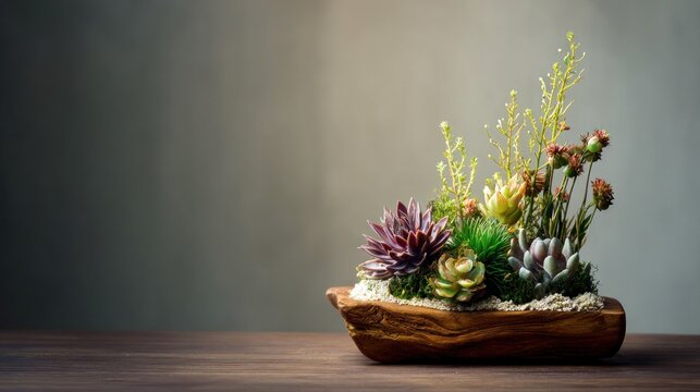 Arrangement of diverse succulent plants displayed in a rustic wooden container on a dark surface