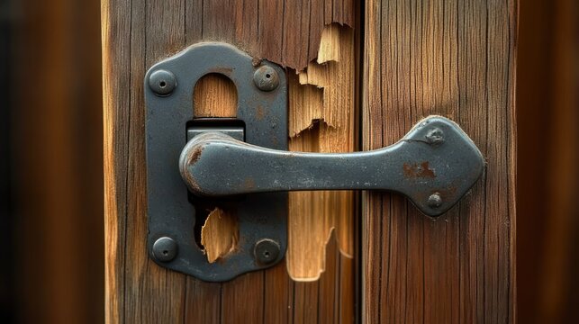 Close-up of a rusty metal door latch and screws on a weathered splintered wooden door panel, peeling wood and warm tones evoking rustic decay and quiet nostalgia