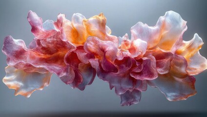 Fototapeta premium ethereal floating ruffled translucent petal-like forms in soft pink, peach and white with delicate flowing layers conveying a graceful serene mood