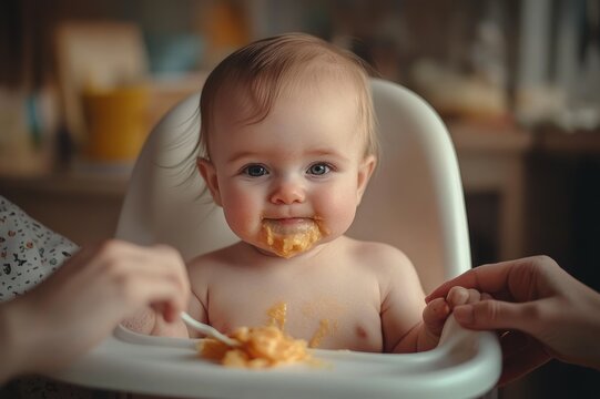 baby in high chair being spoon-fed by adult hands with messy puree on tray and chest, tender home feeding moment in warm kitchen light