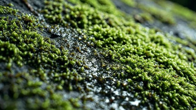 Macro close-up of rainwater trickling over vibrant green moss on dark wet rock, nature background, serene forest atmosphere png. ai generated