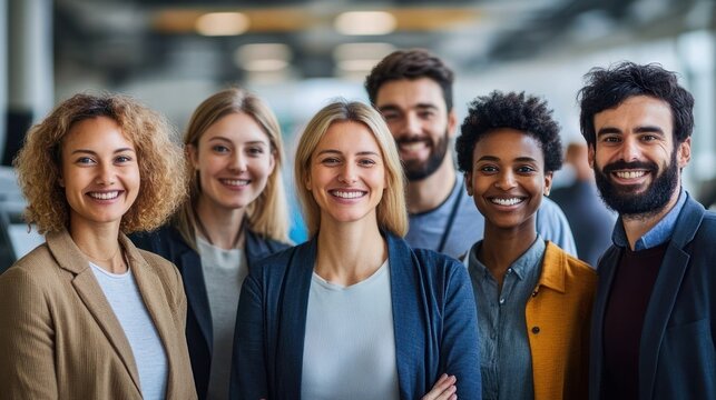 Six diverse professionals in business casual standing together in a modern office, facing forward with confident, determined posture and focused expressions
