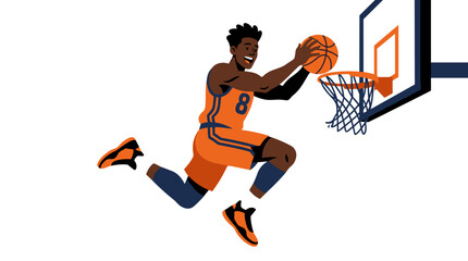 Athletic Black Man in Orange Jersey Soaring Through the Air to Dunk a Basketball into the Hoop © Bruno Stock
