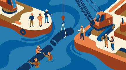 Obraz premium Construction workers installing underwater pipeline using crane from ship in blue ocean water industrial scene