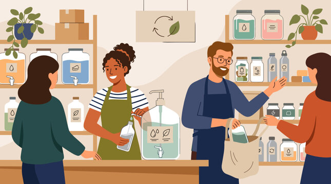 Diverse customers and staff in a zero waste store refill station, promoting sustainable shopping and eco-friendly lifestyle choices