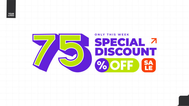 75% Off Special Discount Sale Banner with Bold Typography, Purple and Lime Green Promotional Template, Weekly Deal Limited Time Offer Vector