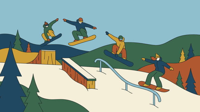 Diverse group of snowboarders performing tricks and jumps in a snowy mountain terrain park with ramps and rails