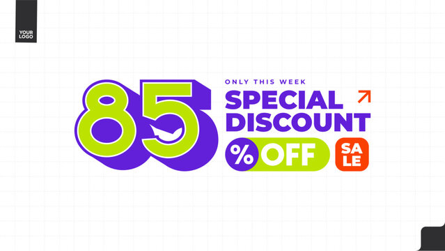 85% Off Special Discount Sale Banner with Bold Typography, Purple and Lime Green Promotional Template, Weekly Deal Limited Time Offer Vector