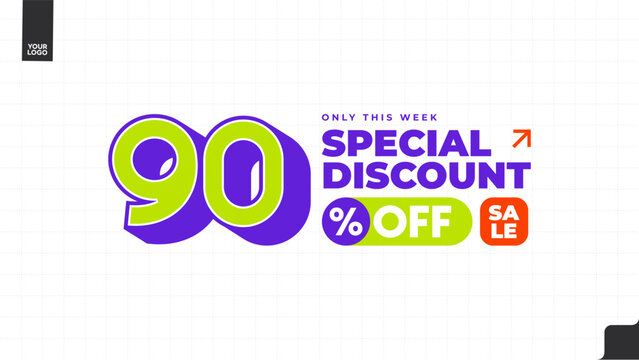 90% Off Special Discount Sale Banner with Bold Typography, Purple and Lime Green Promotional Template, Weekly Deal Limited Time Offer Vector