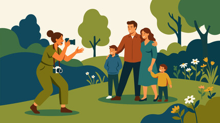 Fototapeta premium Professional Photographer Captures Cherished Family Portrait Outdoors Amidst Lush Greenery and Blooming Flowers