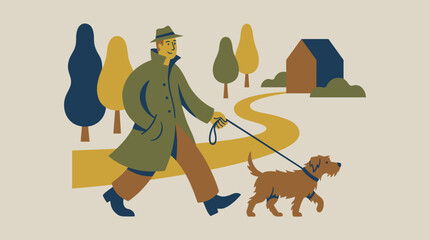 Fototapeta premium Man in Hat and Trench Coat Walking Dog on Leash Through Autumn Landscape with Trees and House