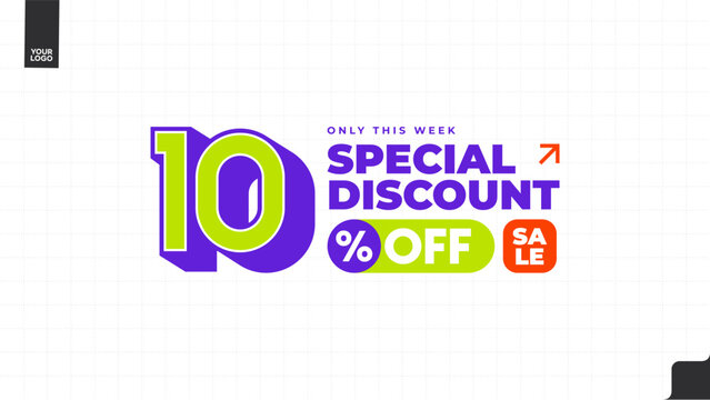 10% Off Special Discount Sale Banner with Bold Typography, Purple and Lime Green Promotional Template, Weekly Deal Limited Time Offer Vector