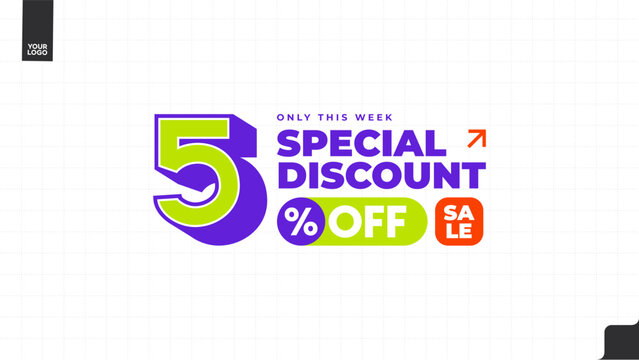 5% Off Special Discount Sale Banner with Bold Typography, Purple and Lime Green Promotional Template, Weekly Deal Limited Time Offer Vector