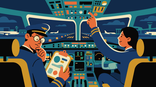 Two pilots in a modern airplane cockpit discussing flight plan on clipboard with runway and airport visible outside