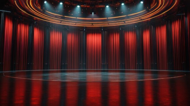 empty circular theater stage with red curtains, dramatic spotlights and reflective floor evoking suspenseful anticipation
