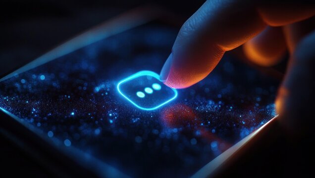 close-up of a fingertip touching a glowing blue chat bubble with three dots on a smartphone screen surrounded by digital sparkles, evoking curiosity and connectivity