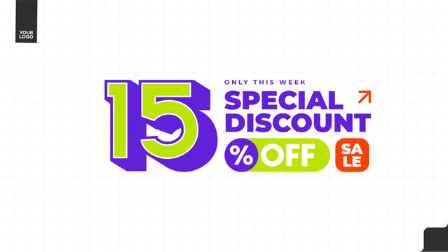 15% Off Special Discount Sale Banner with Bold Typography, Purple and Lime Green Promotional Template, Weekly Deal Limited Time Offer Vector