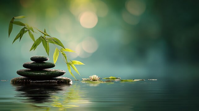Stacked dark stones beside vibrant green foliage resting upon calm water surface