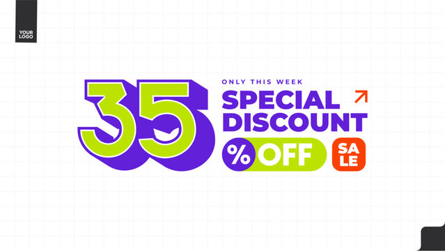 35% Off Special Discount Sale Banner with Bold Typography, Purple and Lime Green Promotional Template, Weekly Deal Limited Time Offer Vector